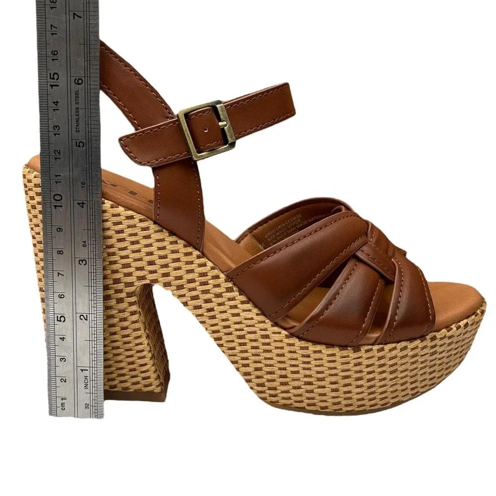 KORKS Dee‎ Womens Wedge Platform Sandal Size 9 Brown/Tan Faux-leather Block Heel